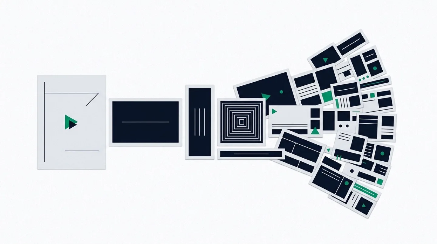 One document on the left opening into a widening fan of smaller formats: a wide video frame, a vertical cut, posters and thumbnails