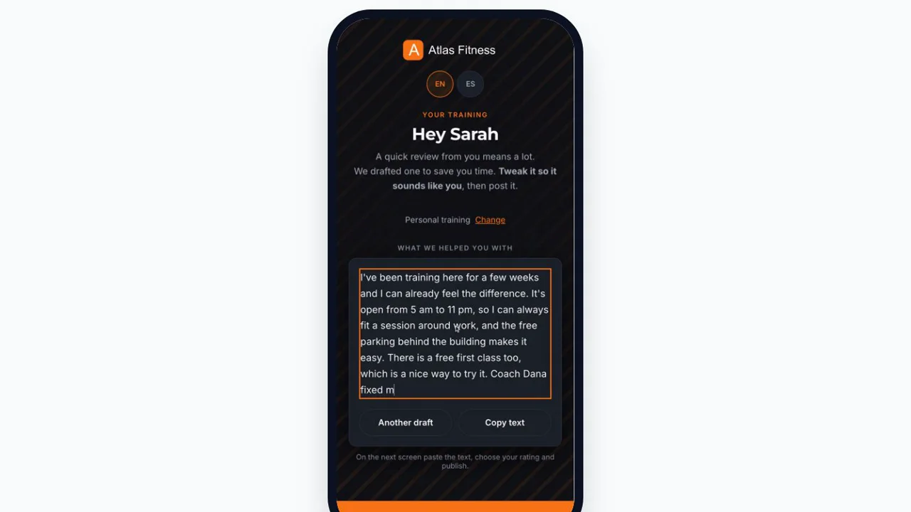The customer page from the overview video: a starting draft about the customer's own visit, open for editing