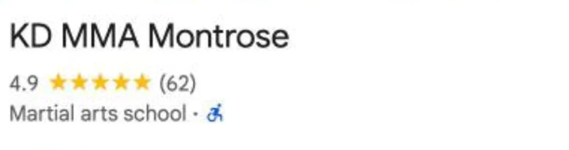 Google listing card for KD MMA Montrose on 17 September 2026, showing 4.9 and 62 reviews