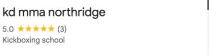 Google listing card for kd mma northridge on 4 August 2026, showing 5.0 and 3 reviews