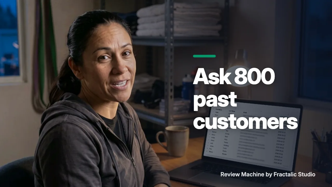 Story cover with the words Ask 800 past customers: a gym owner at her laptop with the member list open.