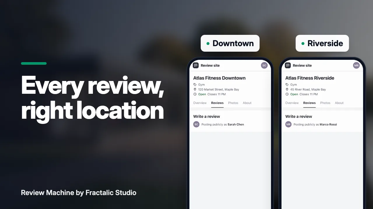 Story cover with the words Every review, right location: two review pages on phones, one for Downtown and one for Riverside.