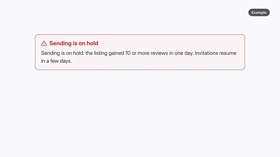A notice in the demo account: sending is on hold because the listing gained 10 or more reviews in one day, and invitations resume in a few days.