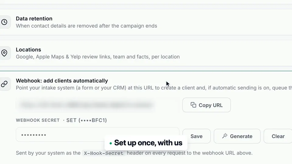The webhook setting in Review Machine, Webhook: add clients automatically, with a Copy URL button, a webhook secret and the note Set up once, with us.