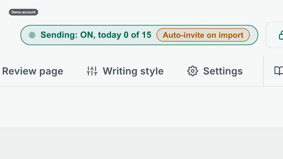 The status line in the demo account: Sending ON, today 0 of 15, Auto-invite on import.