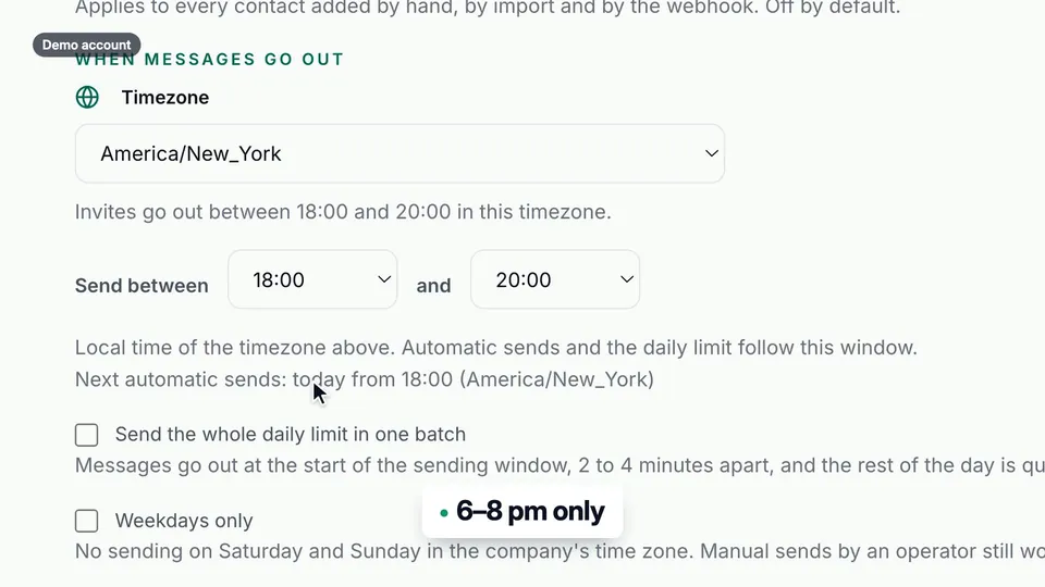 Sending hours in Settings: the America/New_York timezone and a window from 18:00 to 20:00, with the note 6 to 8 pm only.