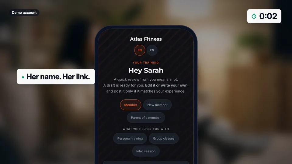 The Atlas Fitness review page on a phone, greeting the customer with Hey Sarah.