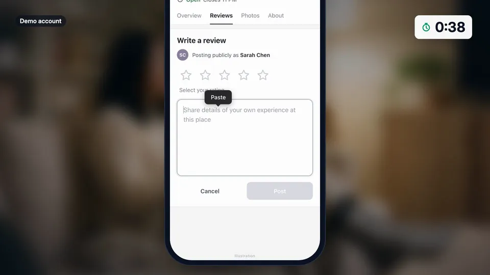The Google Write a review box on the phone, with the rating not yet chosen and the Paste option open.
