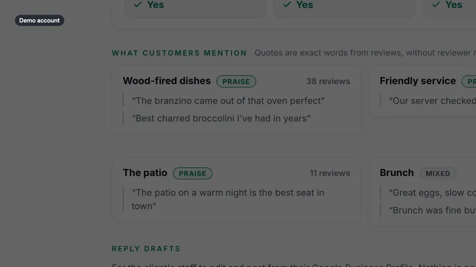 What customers mention: themes such as wood-fired dishes, friendly service, the patio and the weekend wait, each with quotes and a praise, complaint or mixed label.
