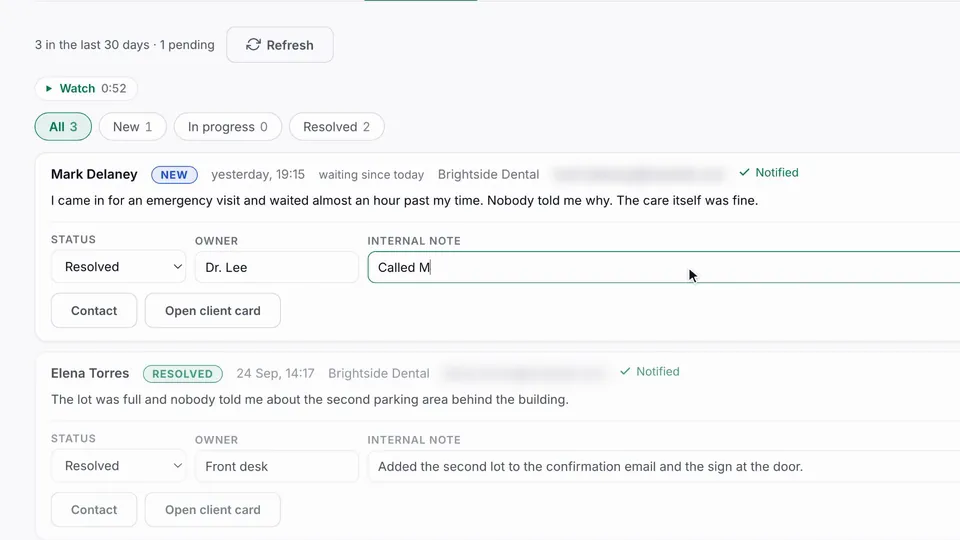 Mark's message on the Feedback tab, marked Resolved, with Dr. Lee as the owner and an internal note about the call.