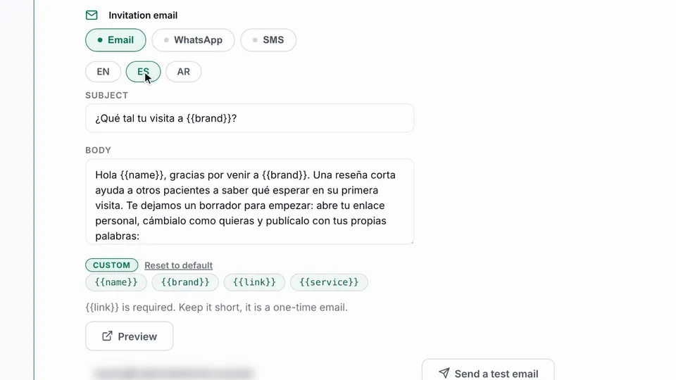 The Spanish invitation email being edited, with a Spanish subject line and body.