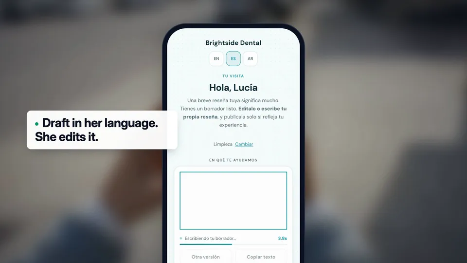 Lucía's review page in Spanish on a phone, Hola, Lucía, with a short draft in Spanish and the note Draft in her language. She edits it.
