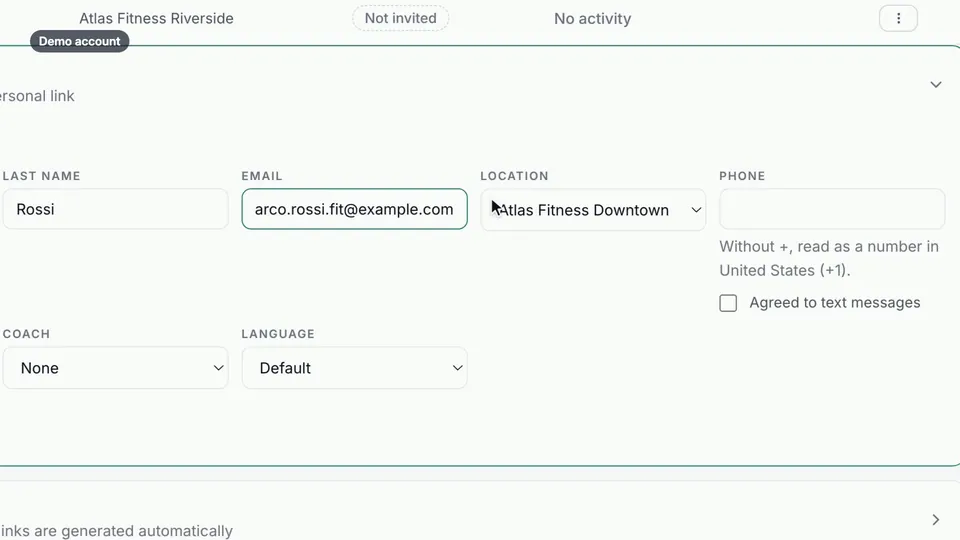 Adding a member: the Location field set to Atlas Fitness Downtown.